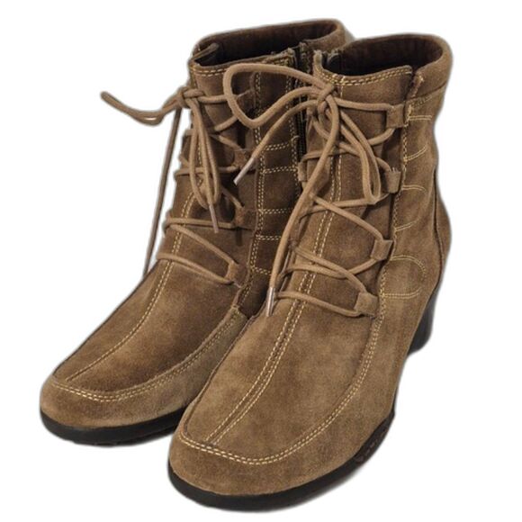 Aerosoles Tor Guide Suede Ankle Boots Booties 8.5 Brown Lace Up Side Zip Wedge - Picture 1 of 10